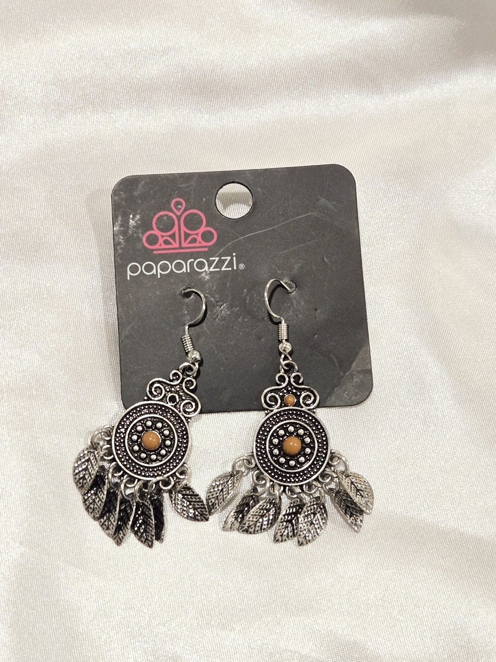 paparazzi Silver-Tone Bohemian Medallion Earrings with Brown Accents